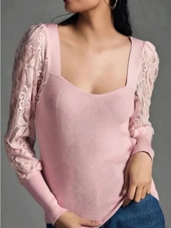Anthropologie Sweaters - Anthropologie Pink Lace Sleeve Sweater Size S/M